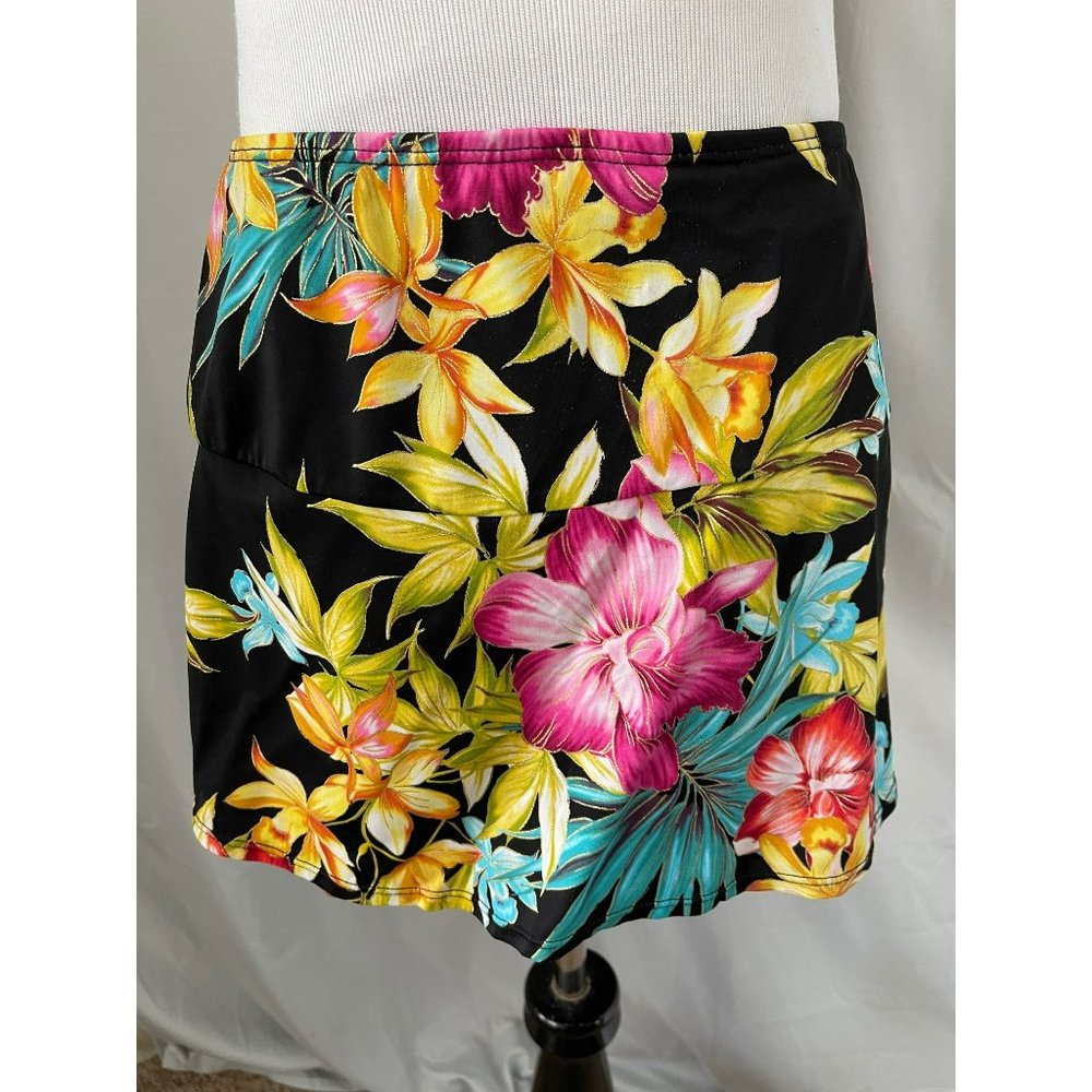 Islander Black Multi-Colored Floral Swimsuit Skirt - Size 16 - Picture 5 of 9